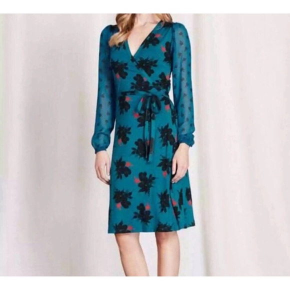 BODEN Leda Jersey Wrap Dress Blue/Teal Baltic Pop Floral Midi Size 12 R - Picture 2 of 15